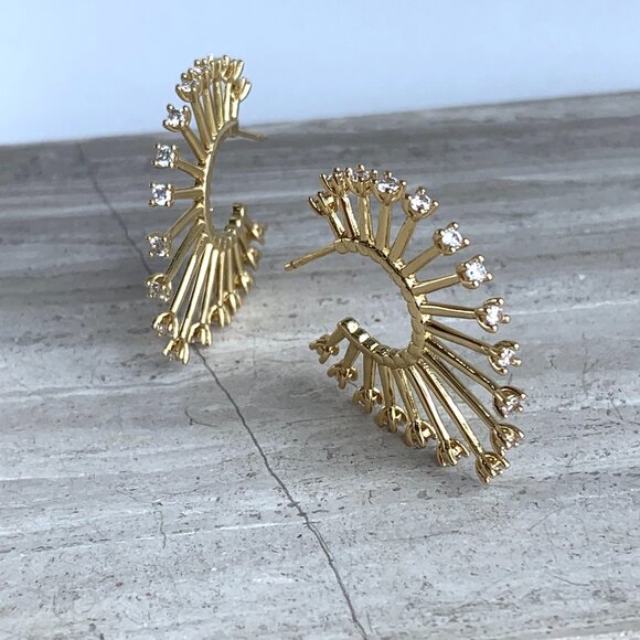 New ~ Anthropologie Gold Sunburst Crystal Tip Hoop Earrings - Picture 4 of 7